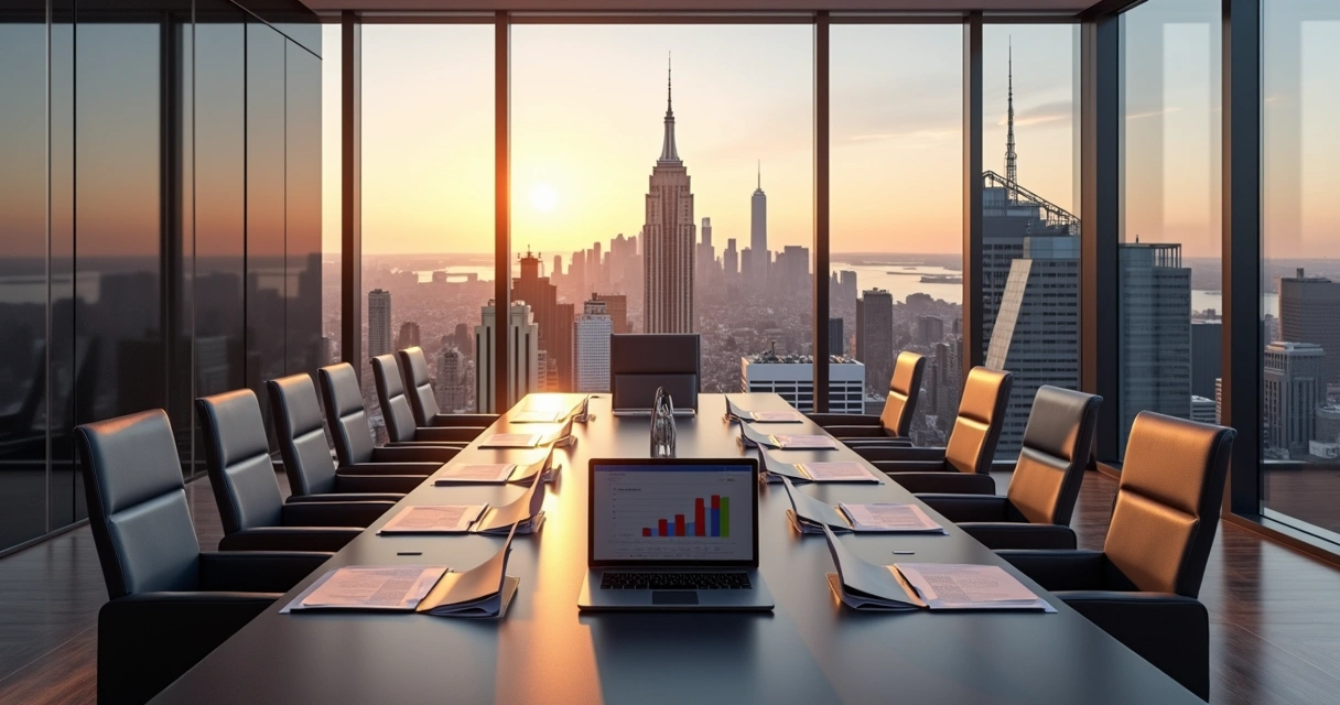 NYC skyline seen from a modern glass boardroom of a luxury real estate firm 