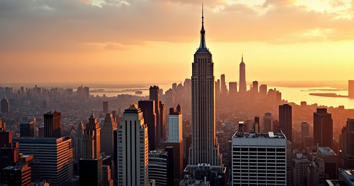 NYC skyline with skyscrapers at sunset 