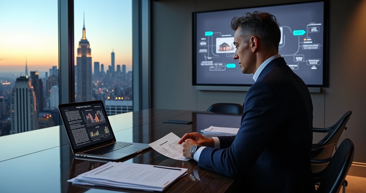 Executive reviewing off-market real estate strategy overlooking New York skyline 