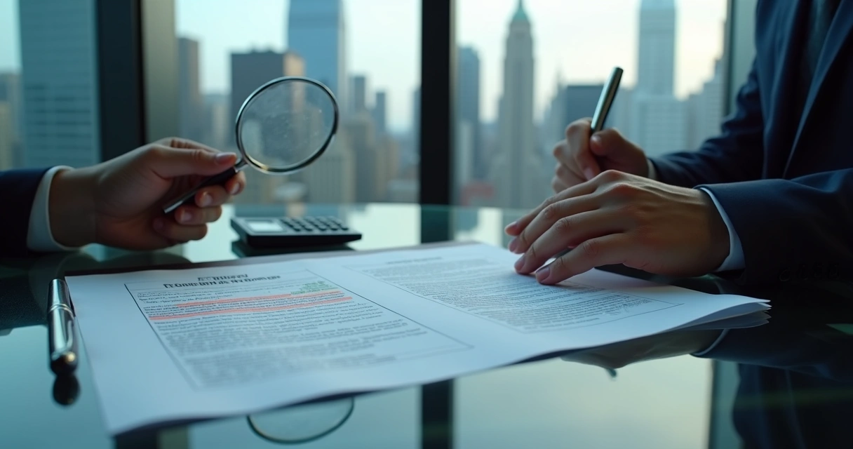 Investor reviewing private lender documents with New York buildings in background 