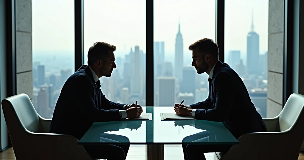 Two people finalizing a private real estate deal in NYC office 