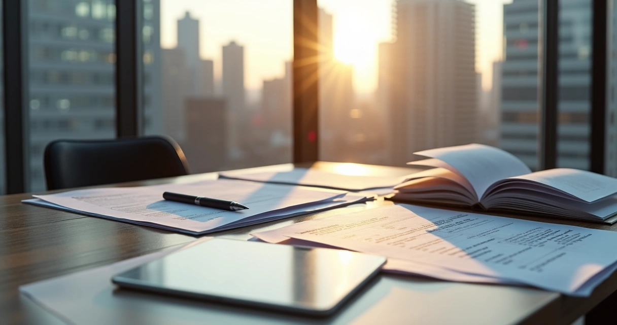 Legal compliance documents and digital checklist on a desk 