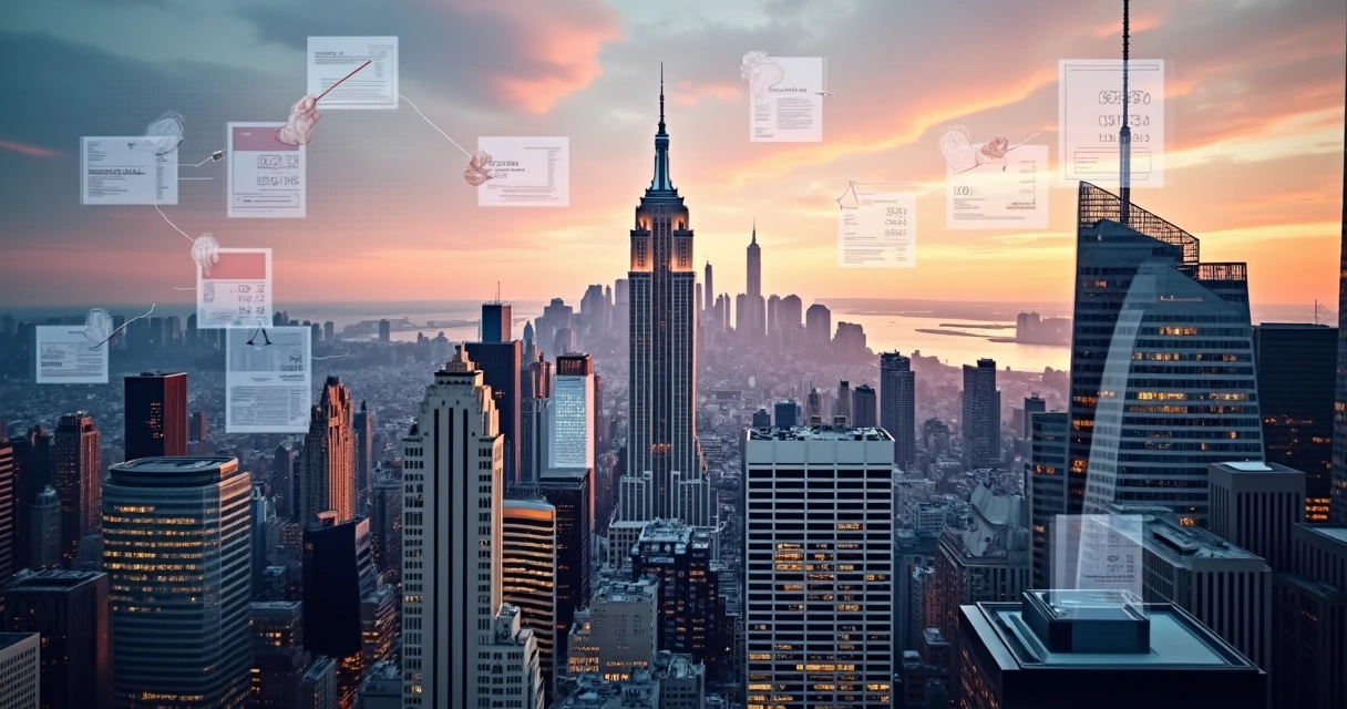 New York City skyline with luxury condos and financial charts overlay 