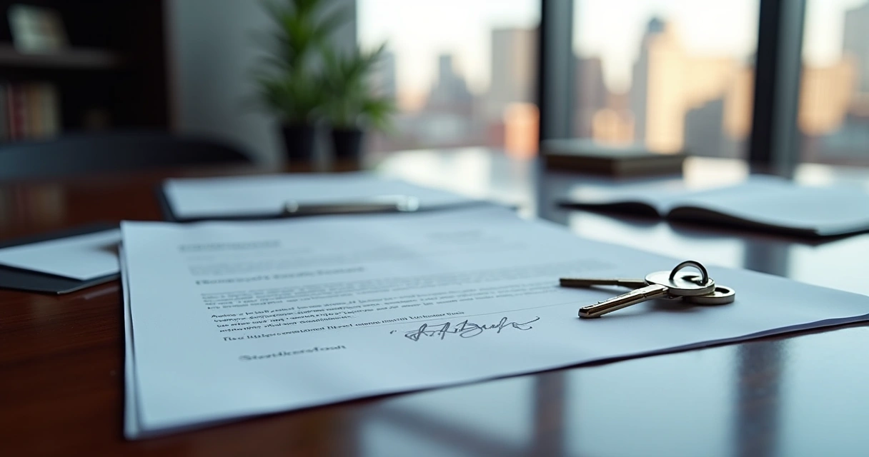 Stack of property documents, loan agreements, and keys on a sophisticated office desk with NY cityscape outside
