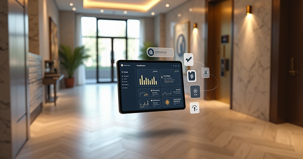 Tablet with property management dashboard overlaid on New York building hallway 