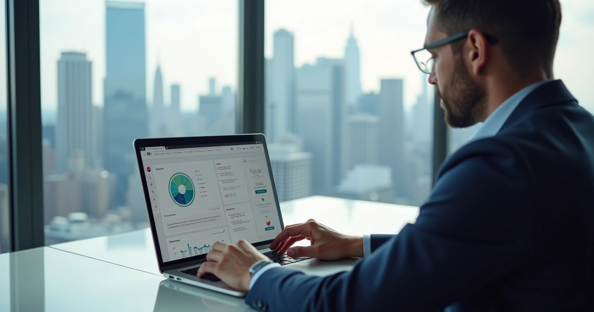 Owner reviewing digital property dashboard with Manhattan skyline 