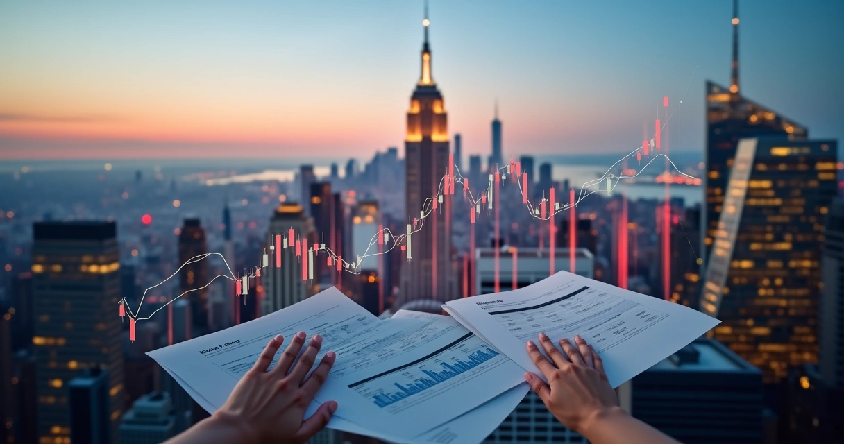 New York City skyline with property market trend graphs overlay 