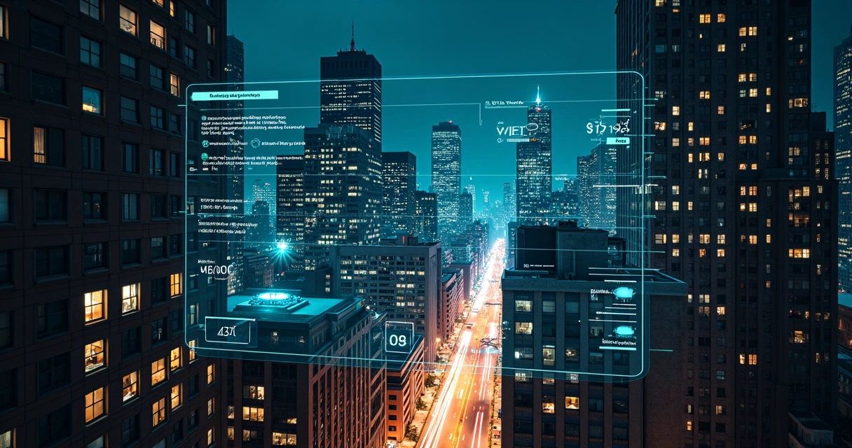 Nighttime view of NYC condo windows overlaid with glowing real estate tech data interface 