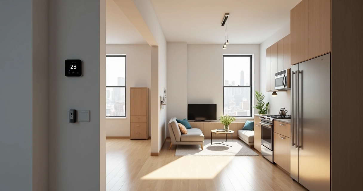 Modern NYC apartment with smart home devices and digital thermostat