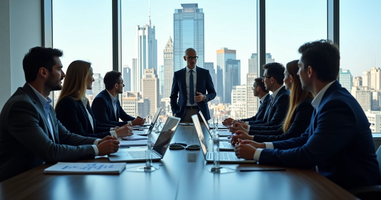 Business professionals discussing investment in New York City boardroom 
