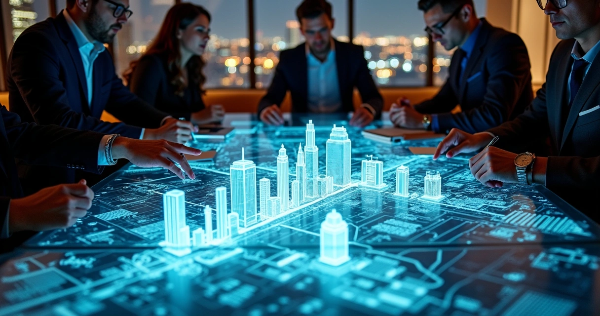 Group of investors around NYC real estate blueprint table 