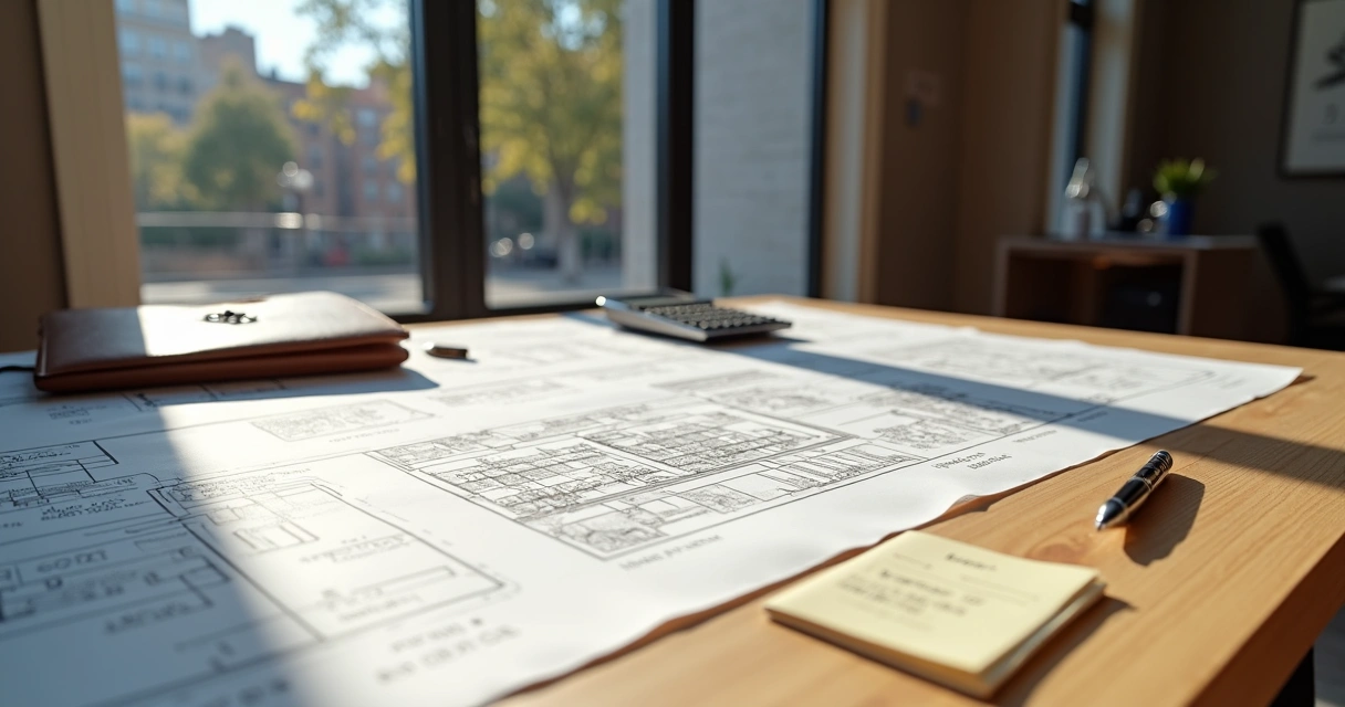 NYC townhouse floor plans with tax strategy notes on architect table 