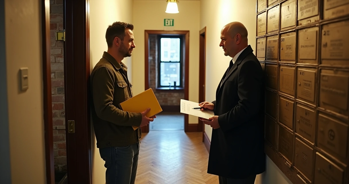 Tenant and landlord negotiating by apartment door in New York hallway 