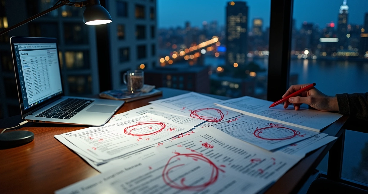 Financial analyst marking red warning signs on NYC underwriting at night 