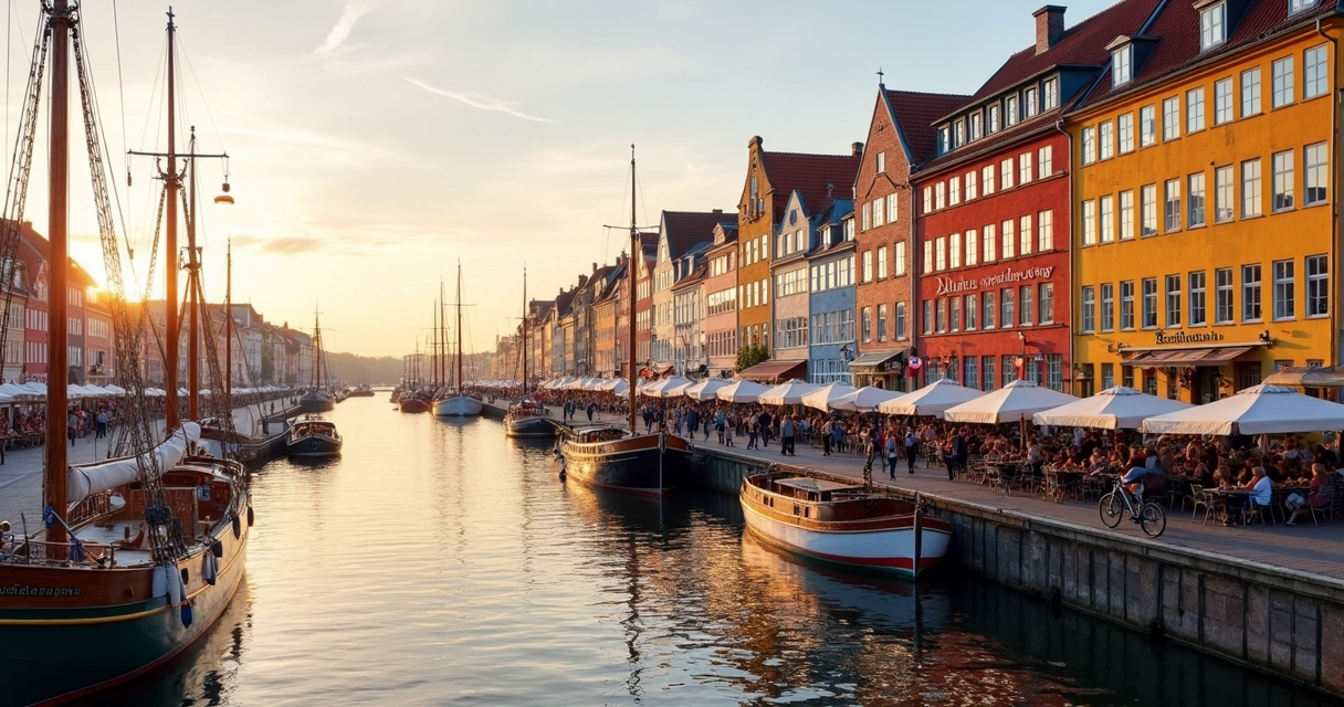 Canal de Nyhavn em Copenhague com casas coloridas, barcos e pessoas caminhando ao entardecer 