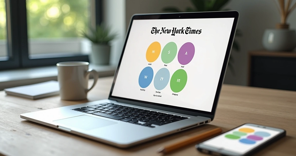 Tabuleiro do jogo Connections do New York Times em tela de laptop com grupos coloridos de palavras 