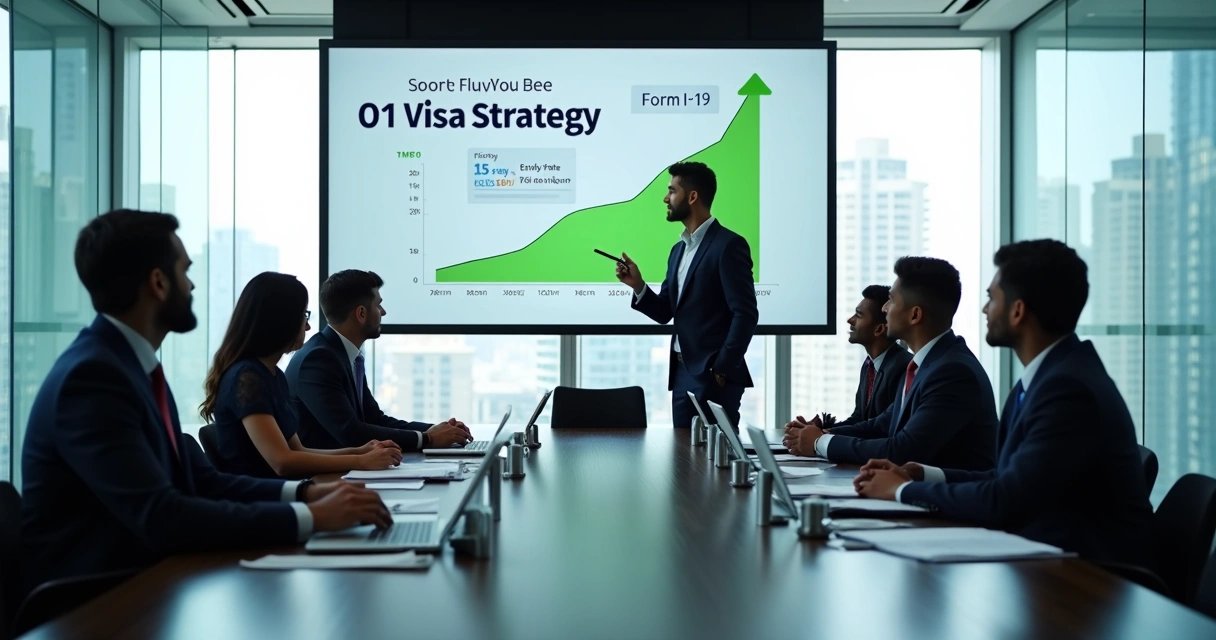Professional presenting O-1 visa approval strategy in modern boardroom