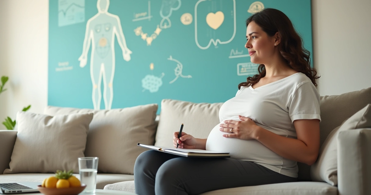Mulher com sobrepeso sentada pensativa segurando a barriga e olhando para gráficos de emoções e saúde 