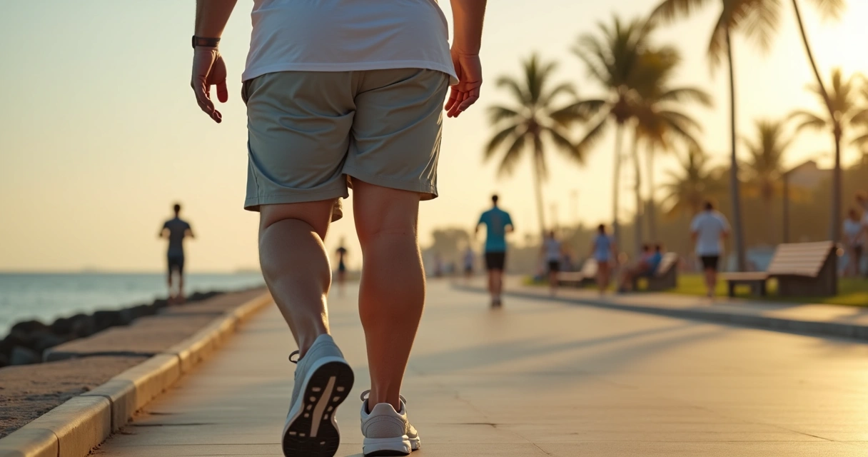 Homem obeso caminhando em orla urbana com destaque discreto para varizes nas pernas 