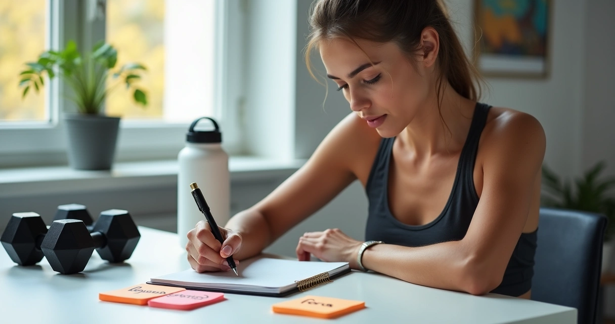 Mulher decidindo objetivo de treino com blocos de notas 