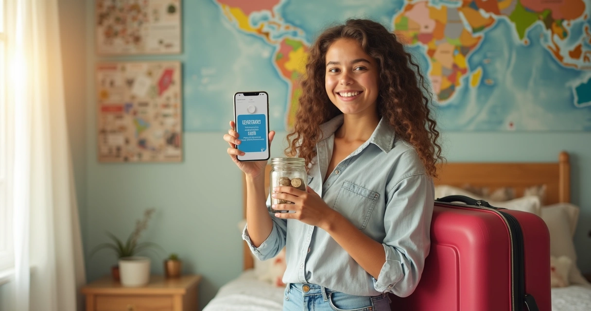 Pessoa feliz ao lado de mala, conferindo objetivo financeiro de viagem aprovado 