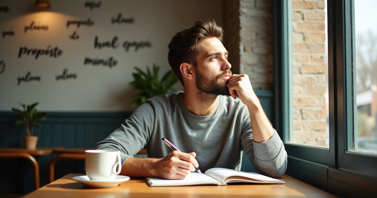 Joven reflexionando en una cafetería con libreta en mano y frases motivadoras en la pared 