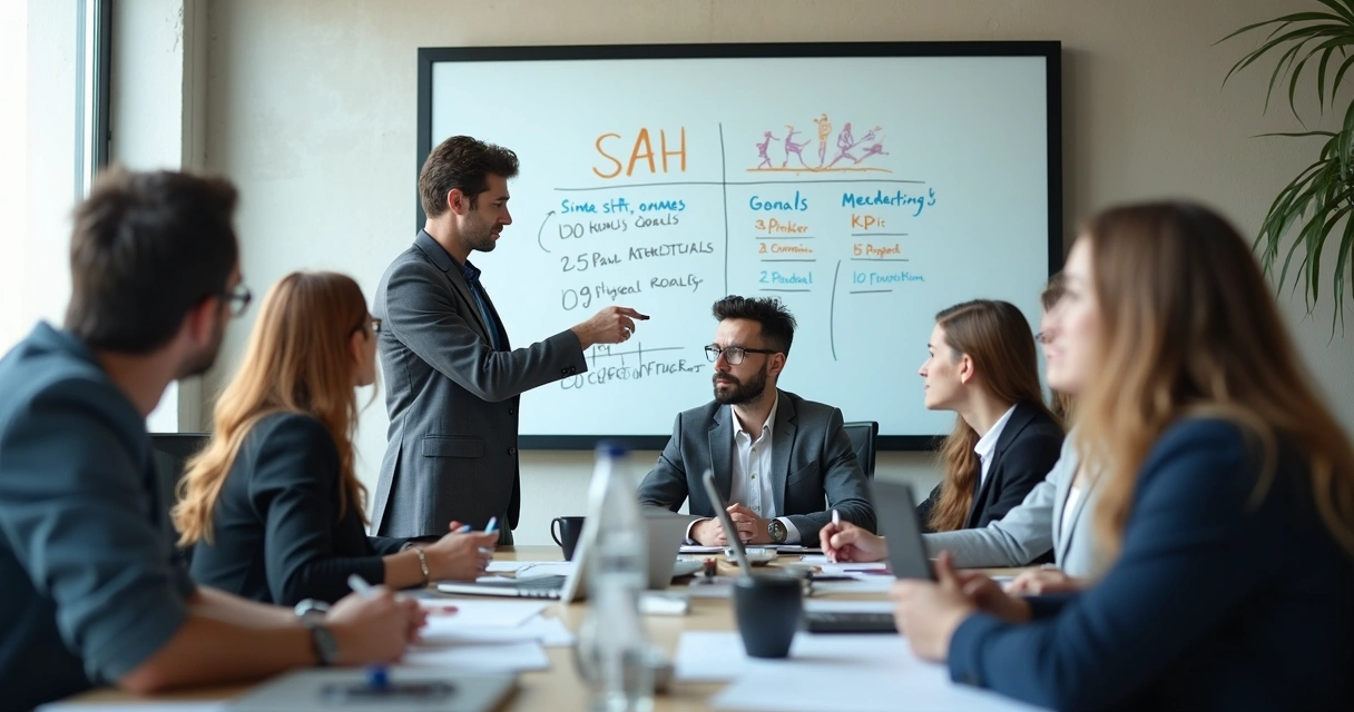 Equipe escreve objetivos do assistente virtual no quadro em ambiente de empresa 