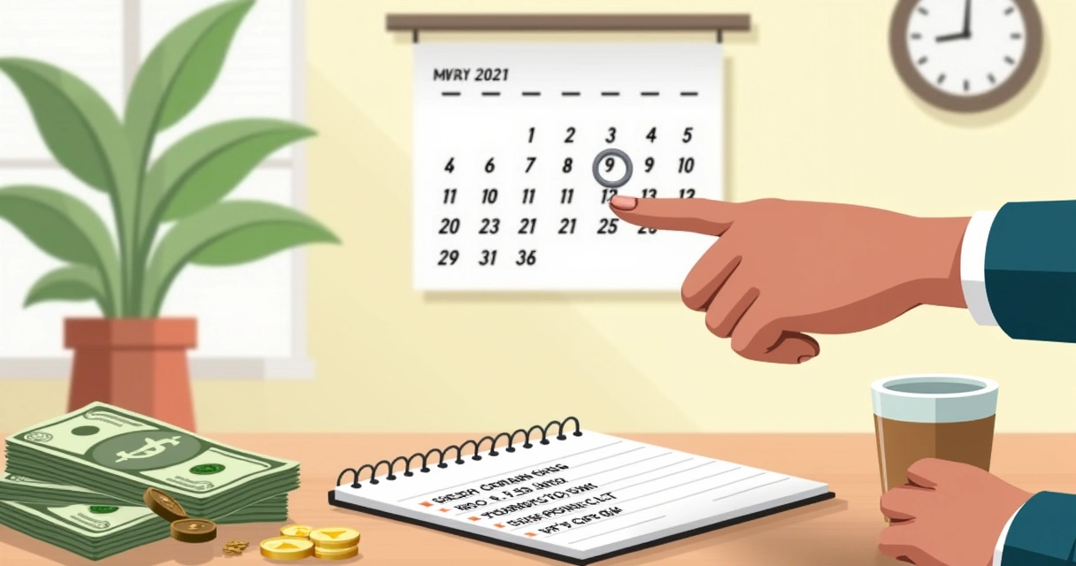 Pessoa apontando calendário com notas e cédulas ao lado 