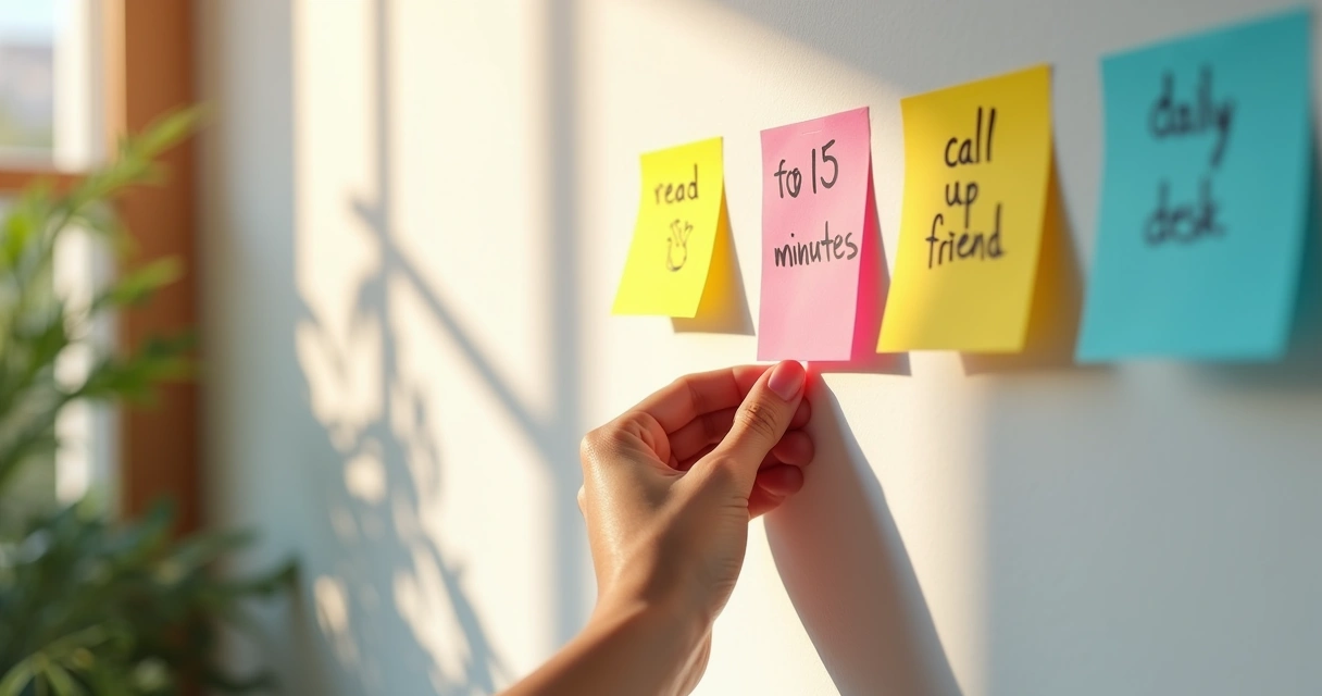 Notas adesivas com objetivos diários escritos à mão em uma parede clara 