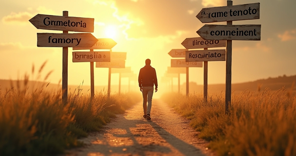 Pessoa caminhando em meio a placas com diferentes valores e metas 