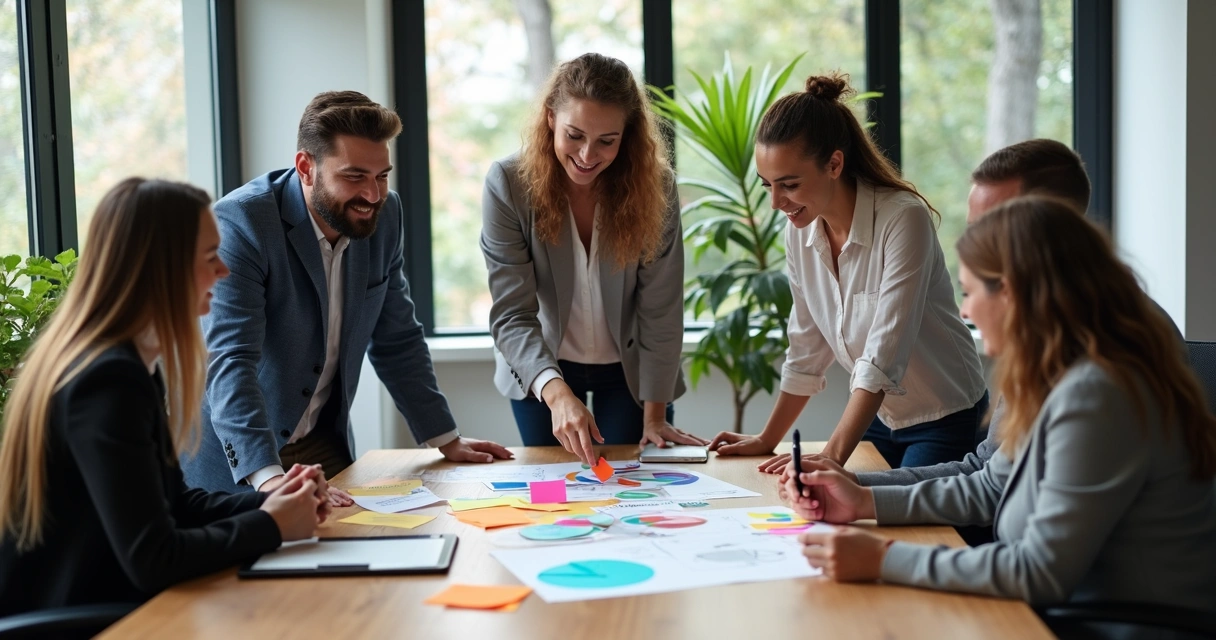 Equipe reunida ao redor de uma mesa discutindo estratégias 