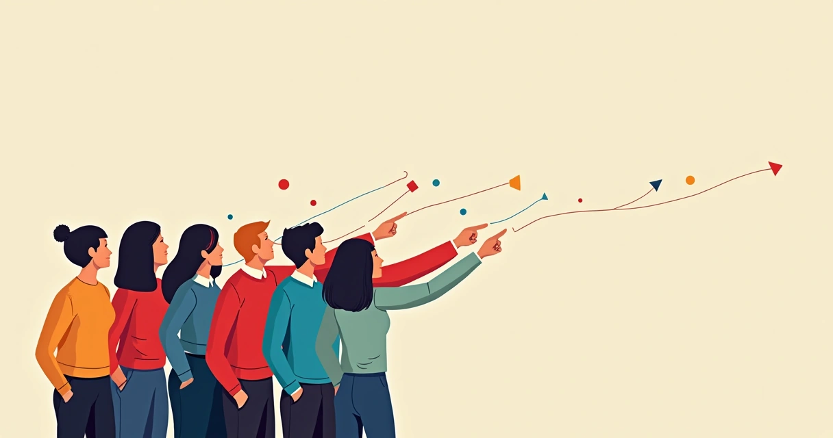 Representación visual de un grupo de personas señalando hacia un objetivo común