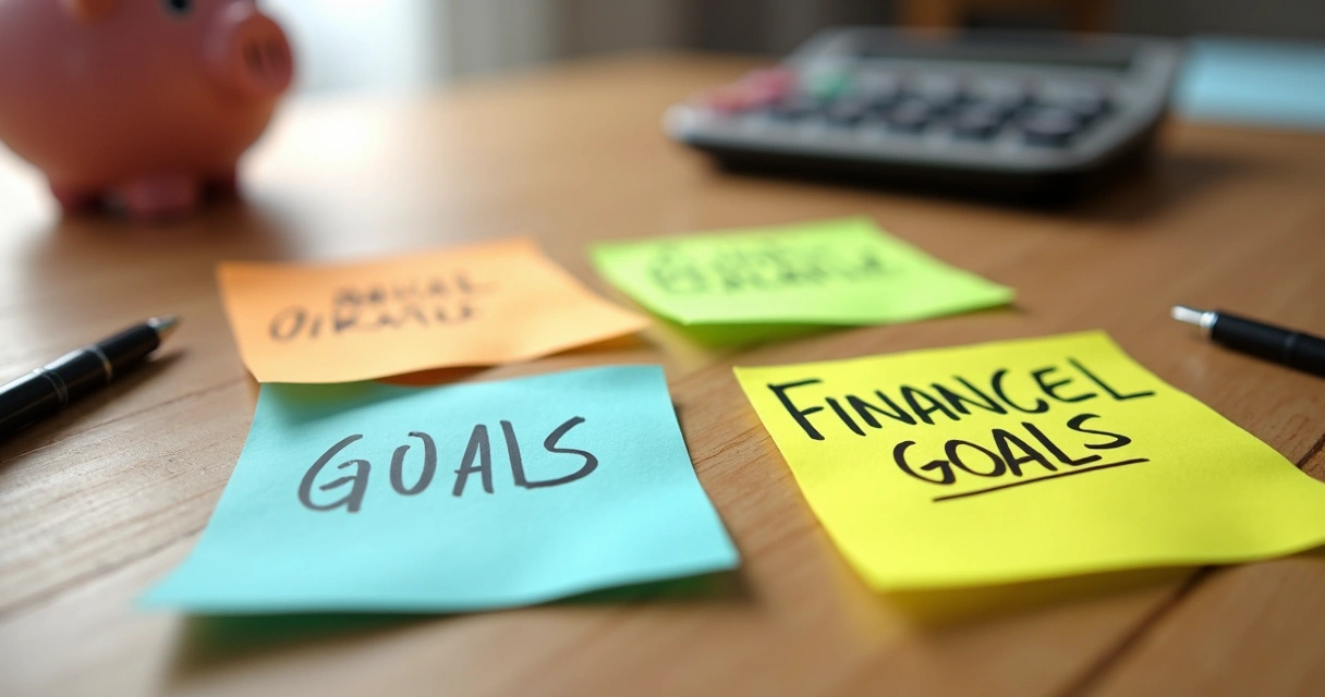Mesa com post-its coloridos com metas financeiras e uma caneta ao lado 