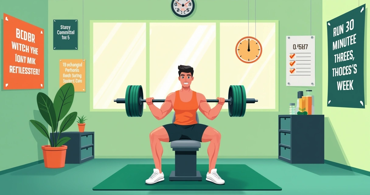 Entusiasta fitness levantando halteres em uma academia iluminada, com metas e um relógio ao fundo.