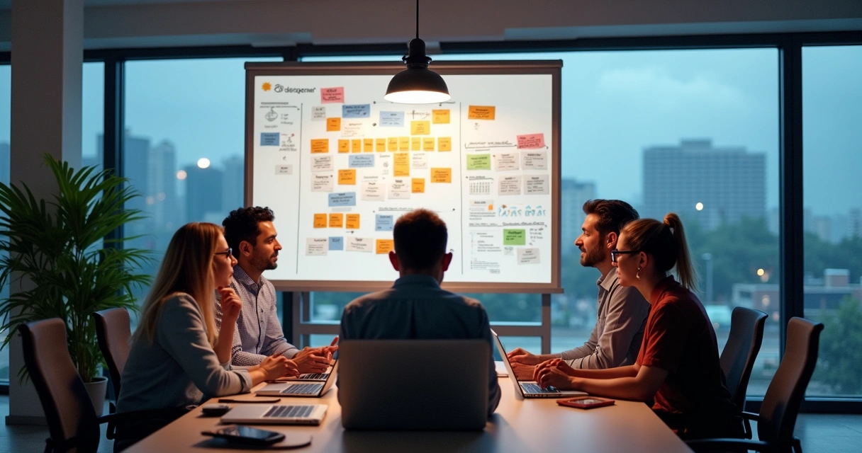 Quadro de metas com equipe reunida analisando objetivos de negócio 