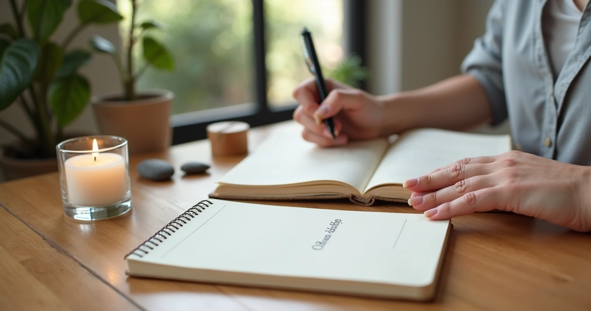 Pessoa escrevendo objetivos em caderno com símbolos de propósito e valores ao redor 