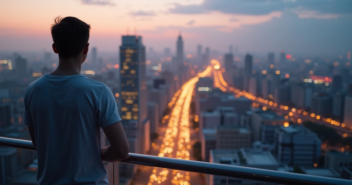 Pessoa em mirante elevado observando cidade com caminhos luminosos conectando os prédios 