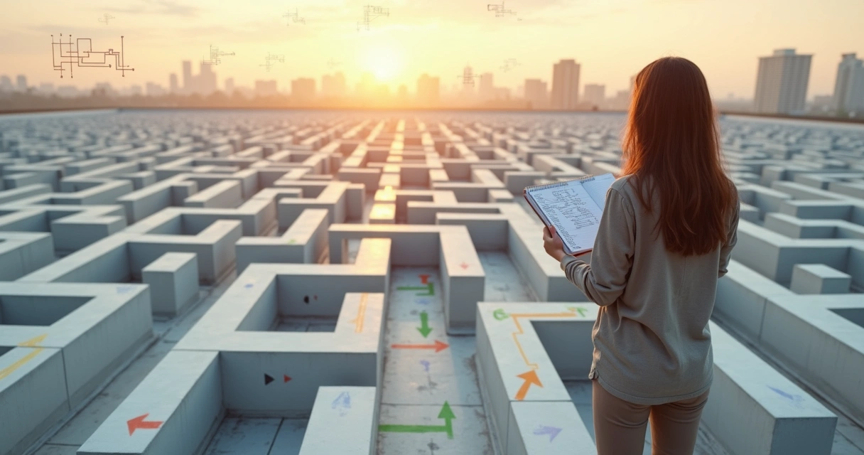 Persona frente a un laberinto tridimensional lleno de flechas y caminos interconectados 