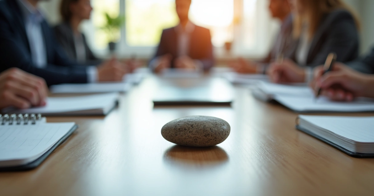 Objeto pequeño sobre una mesa de reuniones como recordatorio de atención 