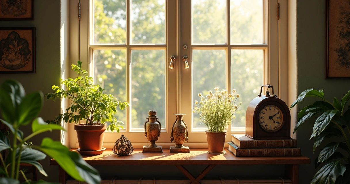 Objetos antigos limpos e harmonizados decorando casa iluminada