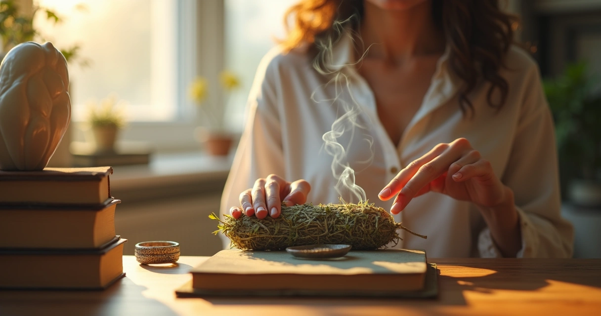 Pessoa defumando objetos em casa com fumaça de ervas 