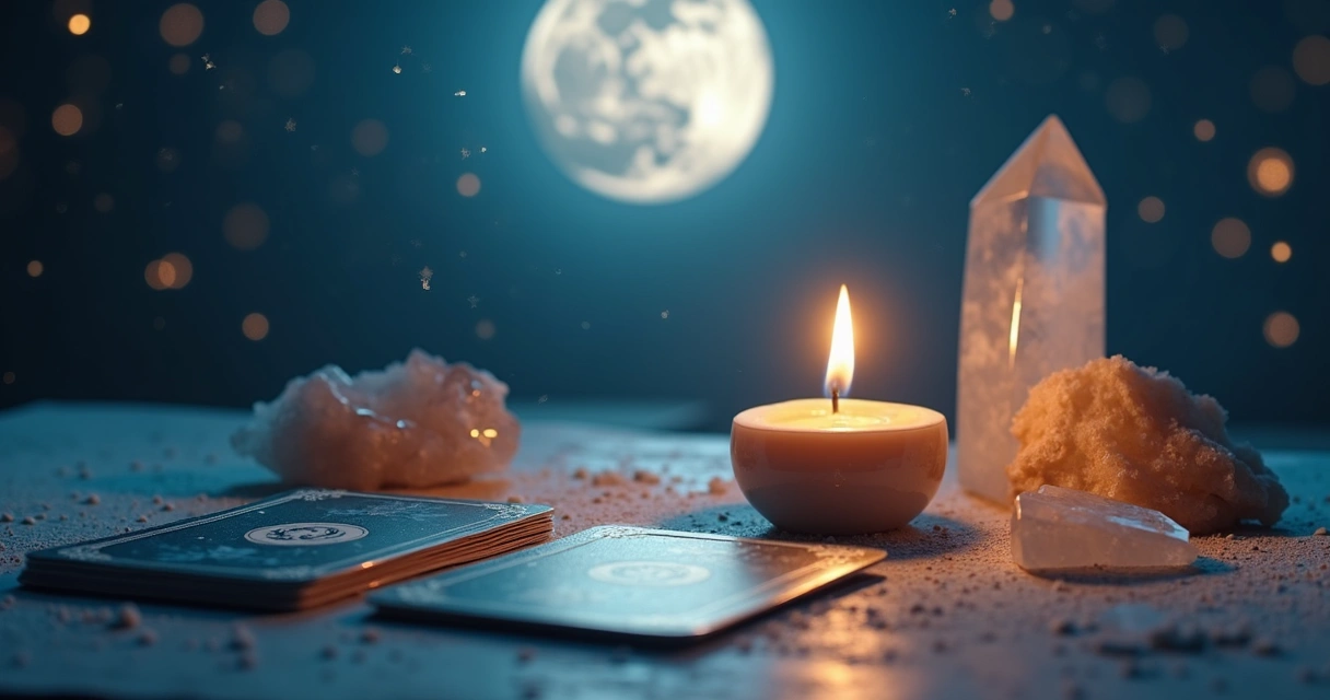 Mesa com cristais e cartas de tarot iluminadas por luz de vela 