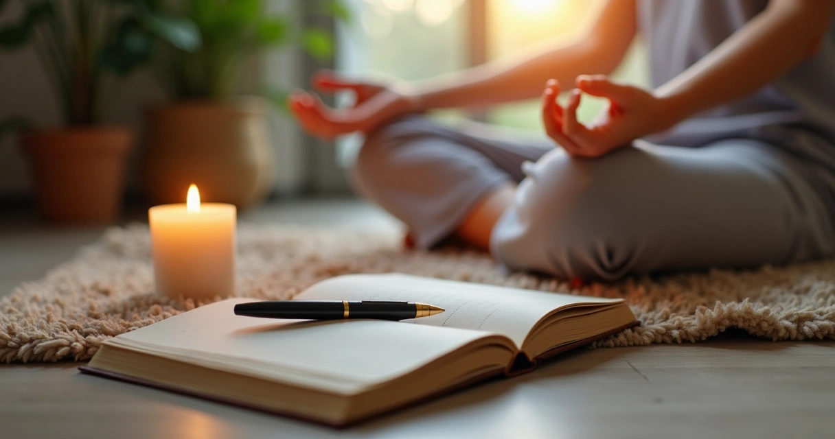 Almofada, vela acesa e diário sobre tapete em ambiente caseiro