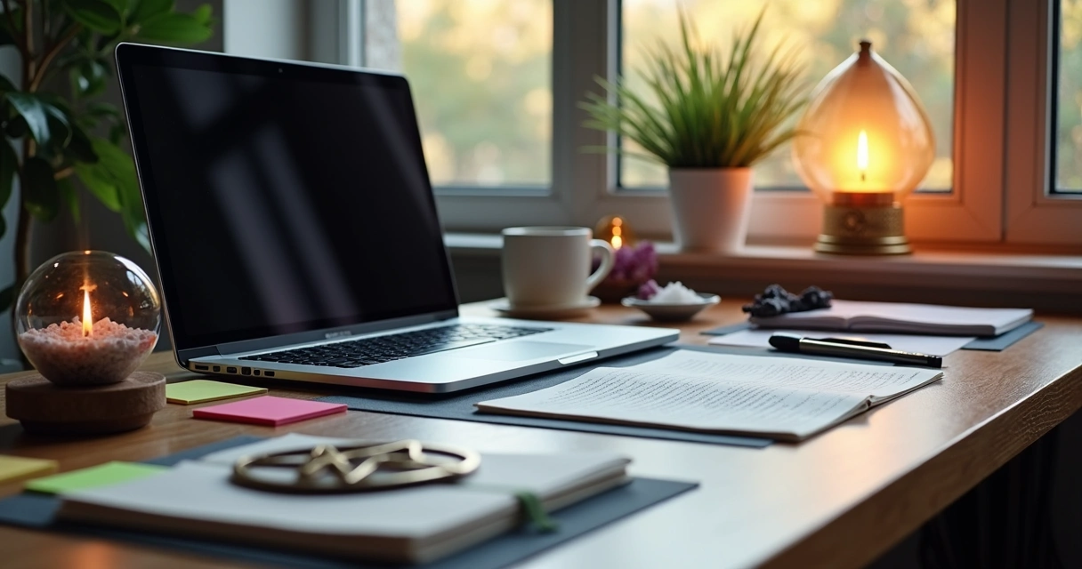 Objetos místicos como cristais e amuletos organizados em uma mesa de escritório ao lado de computador 