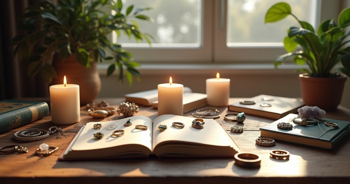 Itens pessoais em círculo em altar com velas acesas