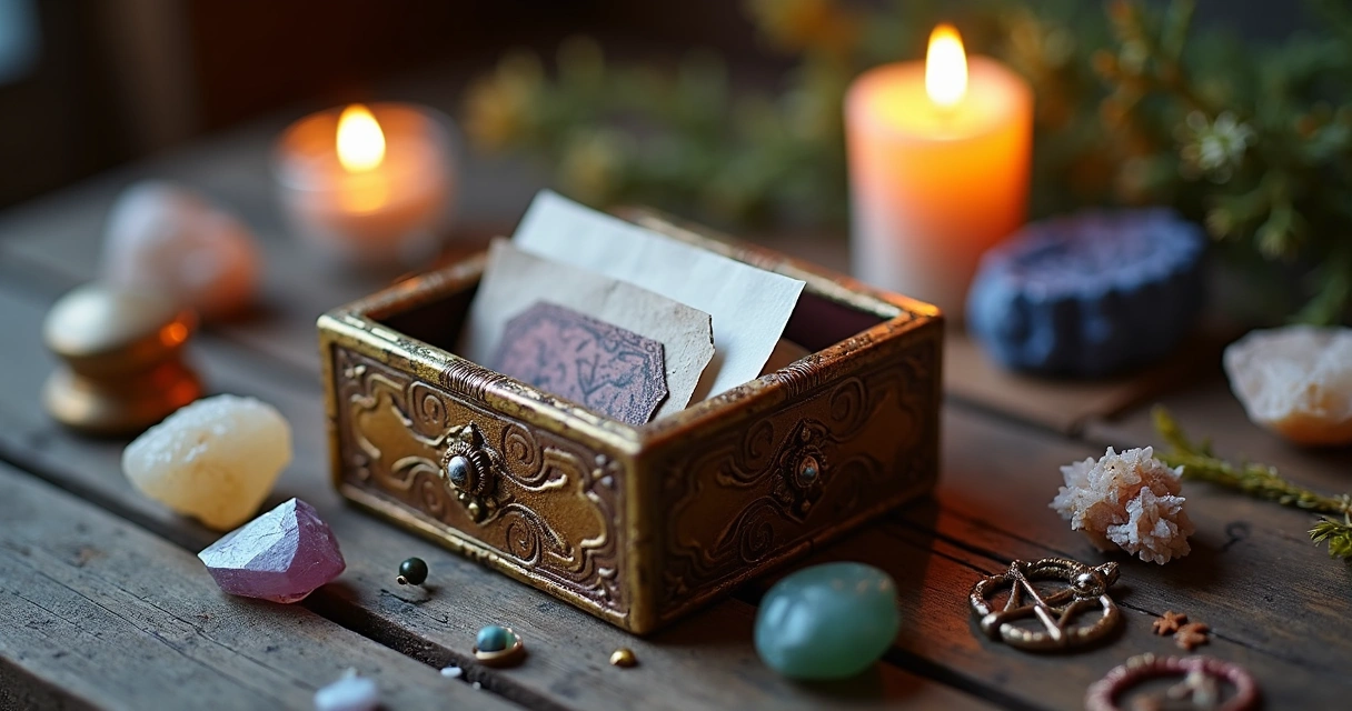 Itens místicos, caixinha decorada, cristais, ervas e papéis empilhados sobre mesa de madeira 