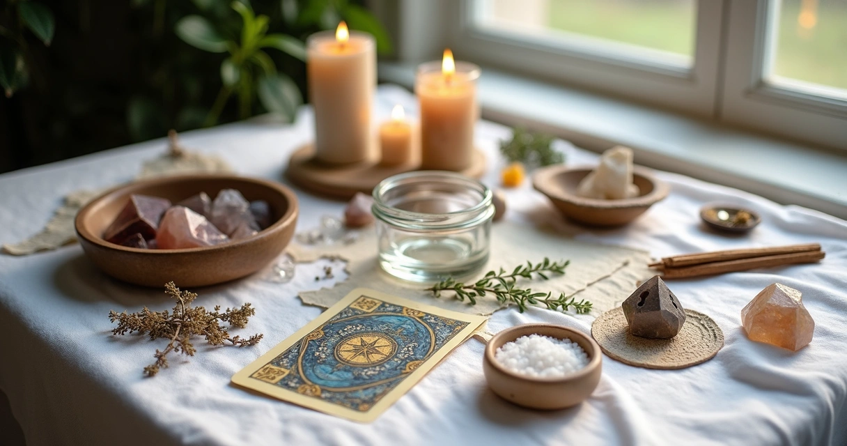 Utensílios ritualísticos dispostos sobre toalha branca, ao lado de ervas, velas e incenso 