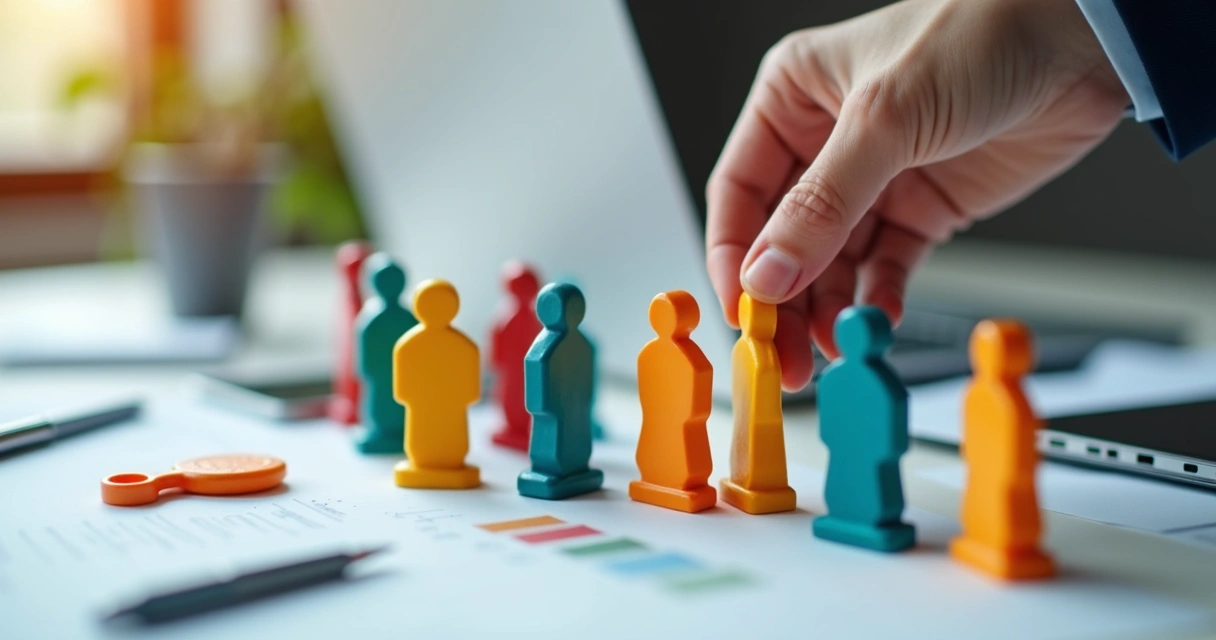 Objetos coloridos simbolizando membros da equipe em mesa de reunião 