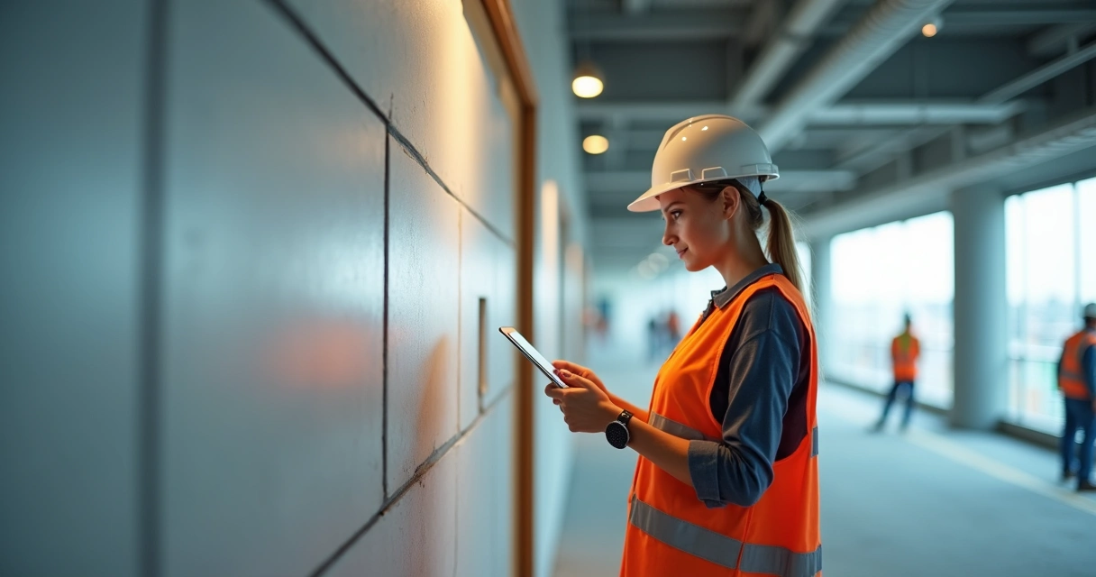 Engenheiro civil checa acabamento de obra comercial usando tablet 