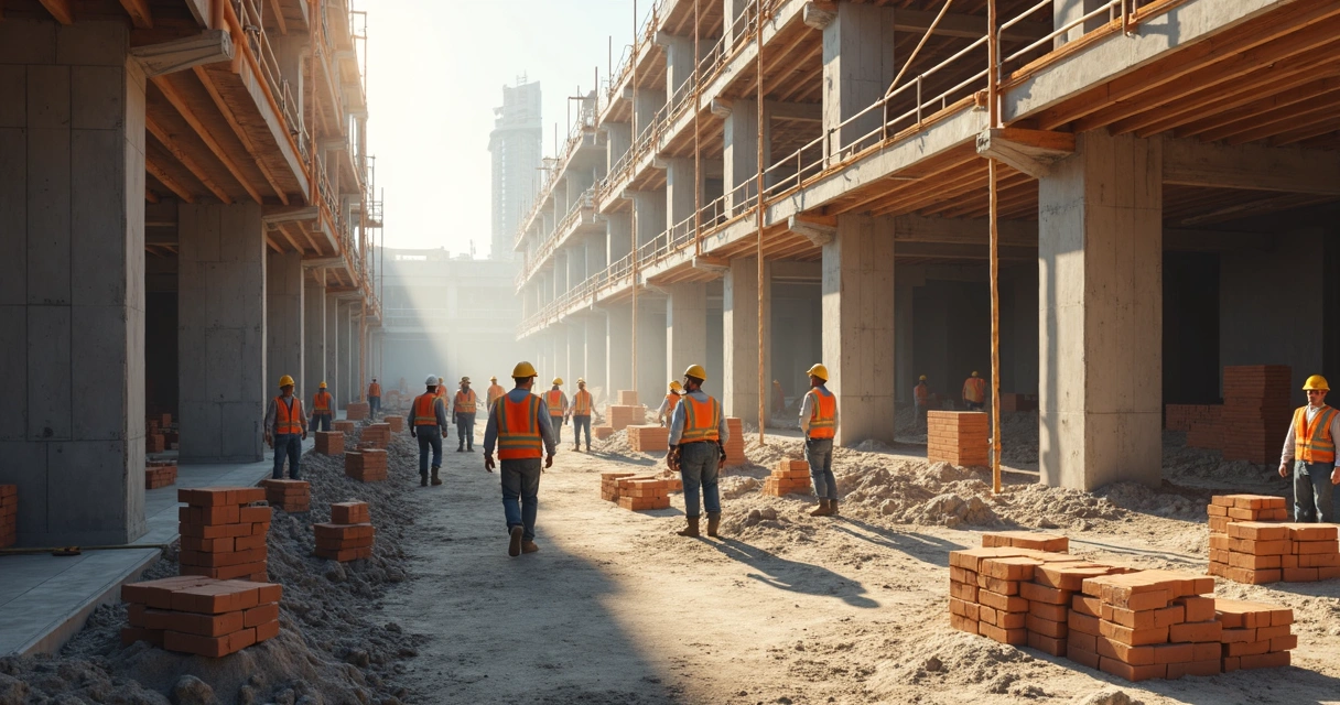 Equipe de construção trabalhando em ritmo acelerado numa obra 